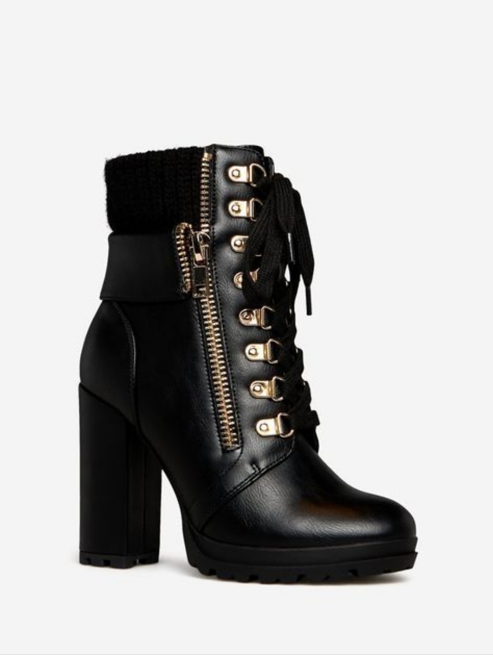 Shoe Dazzle Black Lace-Up Block Heel Ankle Boot with Knit Cuff Size 9